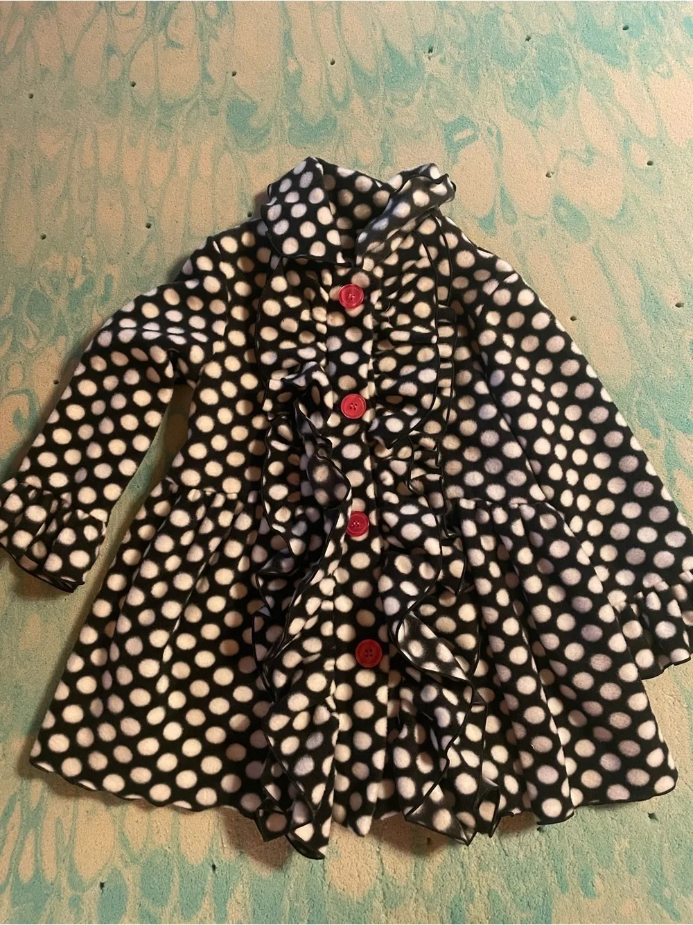 Girls Black & White Polka Dot Ruffle Coat with Buttons